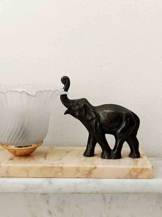 Art Deco nachtlampje met bronzen en marmeren olifanten – Tafellampen (photo 8 of 8)