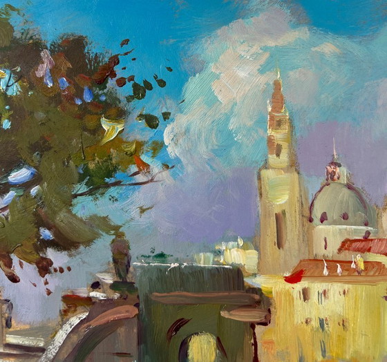 Image 1 of Original Oil Painting Summer City Landscape Bells over the river