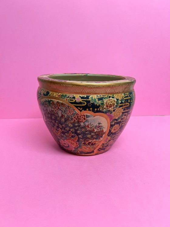 Image 1 of Vintage Satsuma Cachepot Flower Pot Planter with Peacock Motif – Hand-Painted Asian Ceramics