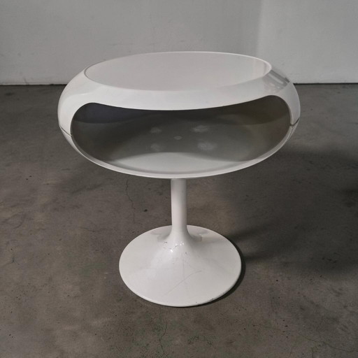 Mesa auxiliar de diseño OVNI de mediados de siglo, estilo era espacial, muebles Opal de los años 70.