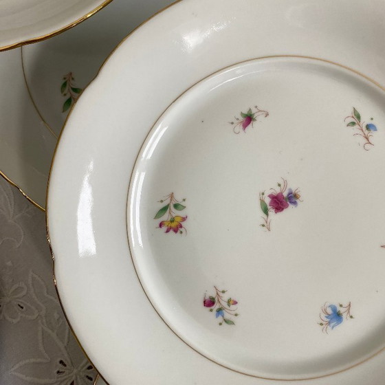 Image 1 of 6 platos llanos antiguos de porcelana con flores y dorados, P L Limoges