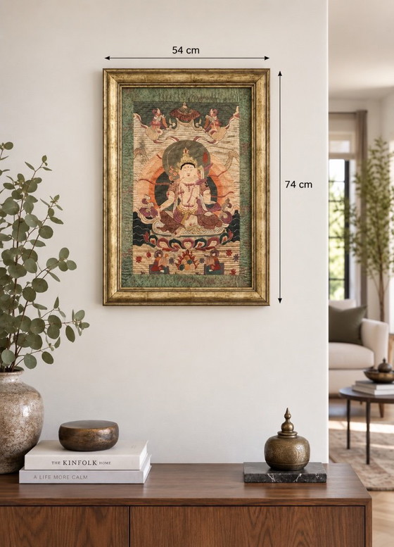 Hand-embroidered Buddhist Thangka - Silk & Gold Thread Framed – Wall decoration, Textile (photo 12 of 13)