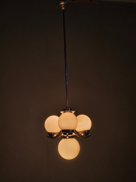 Image 1 of Art Deco Chrome and Opaline Glass Chandelier, 1930s