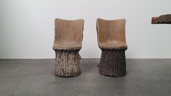 Image 1 of Vintage faux wood cement garden set 4 chairs/table Brutalist 60s France