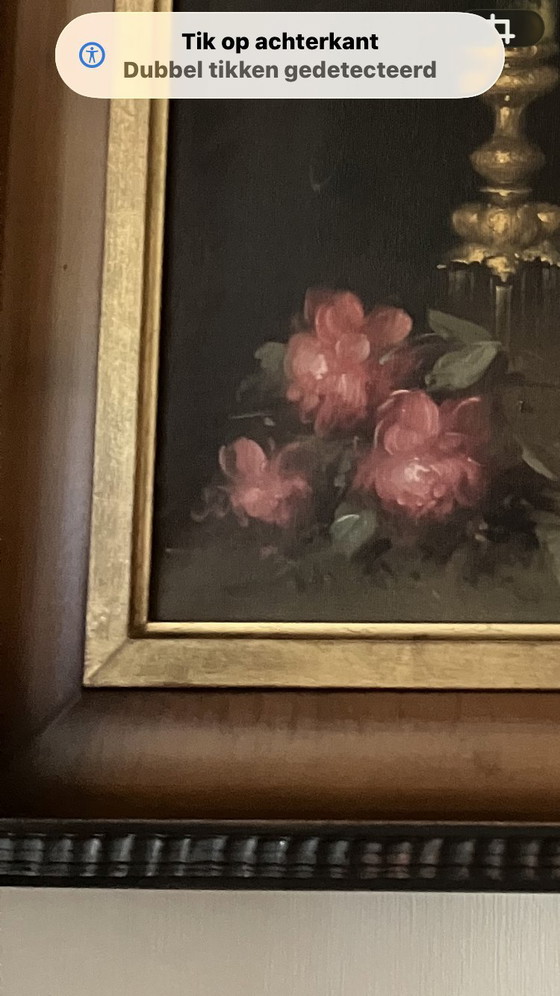 Image 1 of Groot Klassiek Stilleven R. Hunther - Gouden Vazen & Bloemen - Luxe Lijst