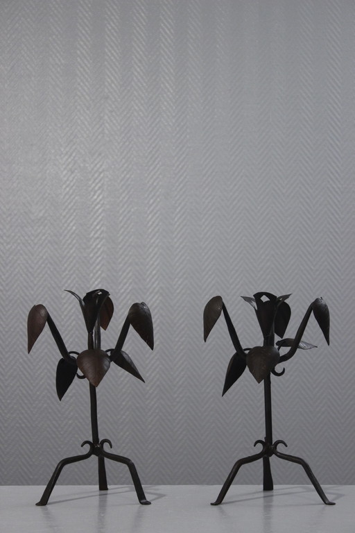 Pair of Wrought Iron Candleholders Vintage Brutalist Design Mid 20th Century
