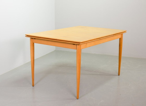 Image 1 of Large Mid-Century Design Extendable Solid Beech Wooden Dining Table in style of Arno Lambrecht. Germany, 1950s.