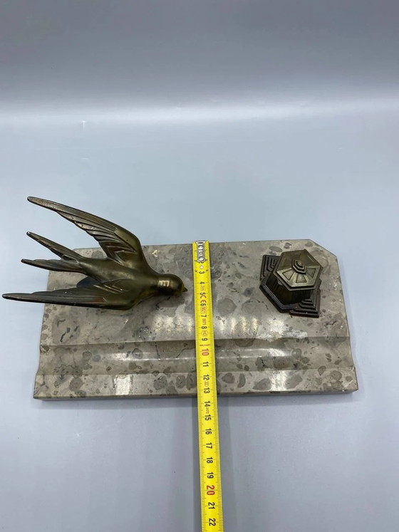 Art Deco Desk Inkwell, Gilt Bronze Swallow, Griotte Marble Base, – Decorative Objects (photo 5 of 6)