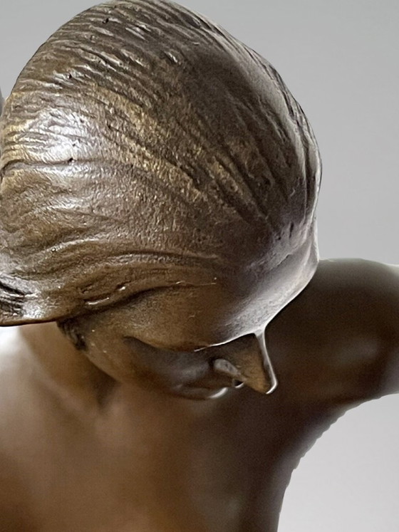 Image 1 of Art Deco sculpture of a dancer with rings in patinated bronze on a black marble-effect base – signed Duvernet – 58 cm