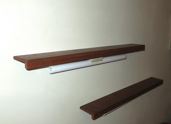 Image 1 of Pair of Danish Teak Narrow Shelves with Wall Lights, 1960s