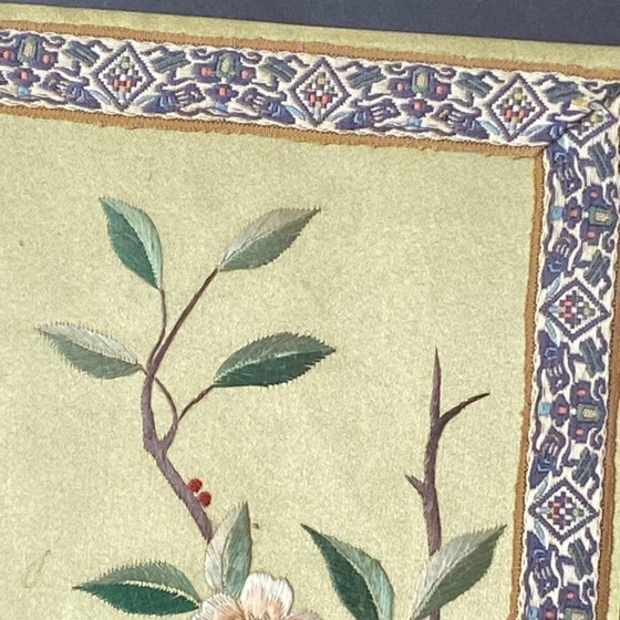 Image 1 of Antique Silk Embroidery Painting of a Bird and Flowers