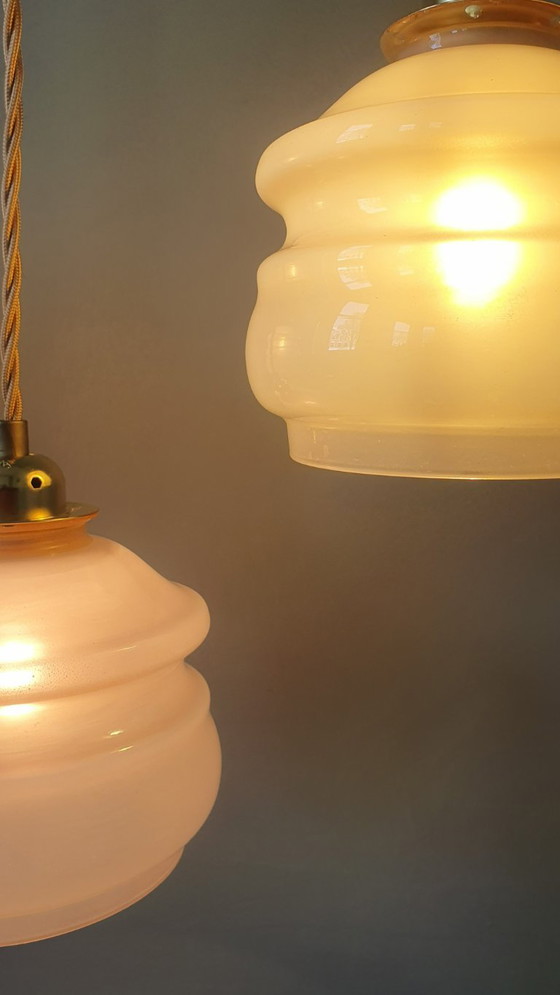 Image 1 of Set van 3 Vintage franse hanglampen - rose pastel opaline glas in Art Deco stijl 