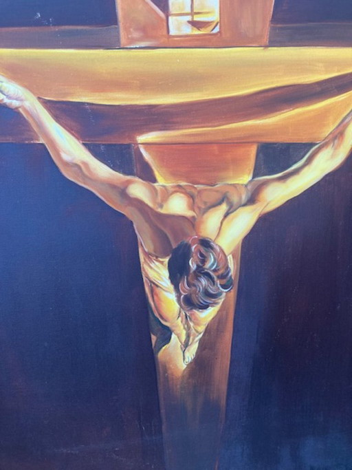 Framed oil paint reproduction of of the iconic painting 'Christ of Saint John of the Cross' by surrealist artist Salvador Dalí.