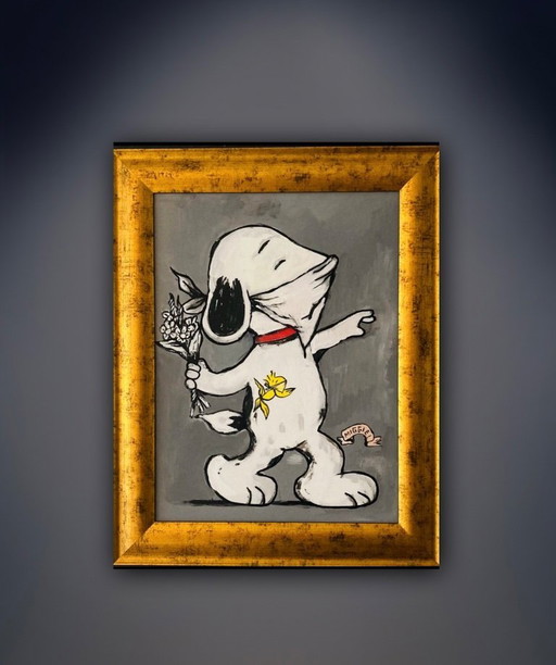 Miggie: "We all wanna be a Banksy, by Snoopy". Painting, unique and hand-signed, with COA. Includes frame.