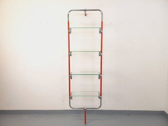 Image 1 of Modular Bauhaus-style vintage bookcase in red metal, chrome and glass from the 1970s