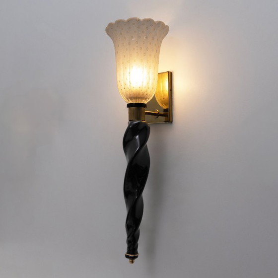 Image 1 of Pair of Italian Murano Glass Wall Sconces with Gold Dust Inclusions and Brass