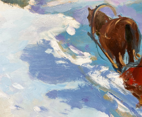 Image 1 of Original Oil Painting Winter Field Landscape Returning home on a winter evening