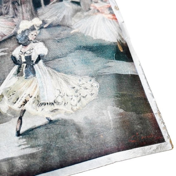 Image 1 of Antieke set foliedruk schilderijtjes ballet bloemen folieprint metaalets 1920's