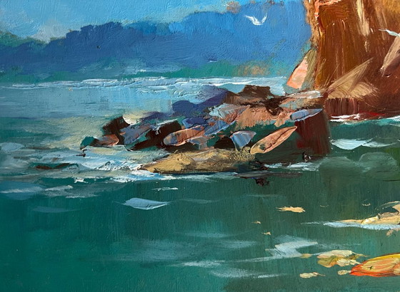 Image 1 of Peinture à l'huile originale représentant un paysage côtier rocheux. Bord de mer rocheux.