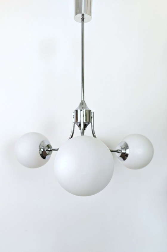Image 1 of Vintage 3-Light Opal Glass Ceiling Lamp / Mid Century Modern Chandelier / Space Age Sputnik Light | Chrome Pendant