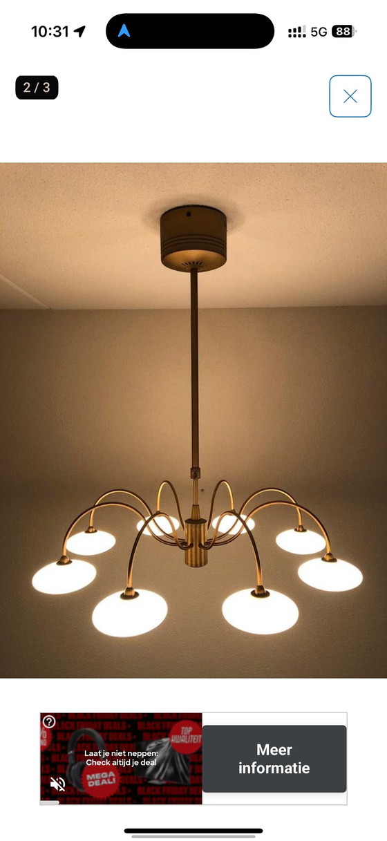 Image 1 of Space Age / Mid-Century Modern pendant lamp brass and opal glass