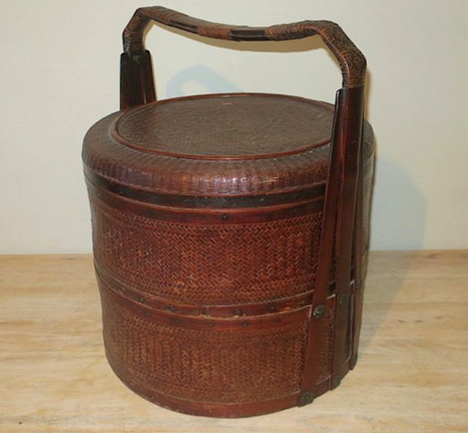Antique Basket in Wood and Rattan with 3 Sections, 1900