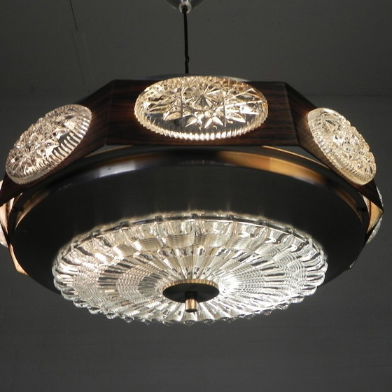 Image 1 of Vintage Lakro hanglamp met 9 ovalen glasplaatjes en 1 ronde glasplaat, jaren 70