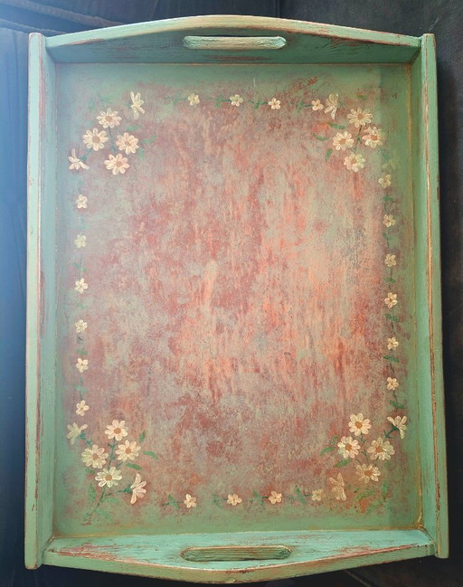 Bandeja madera vintage pintada a mano al estilo de la abuela con un toque shabby chic/romántico
