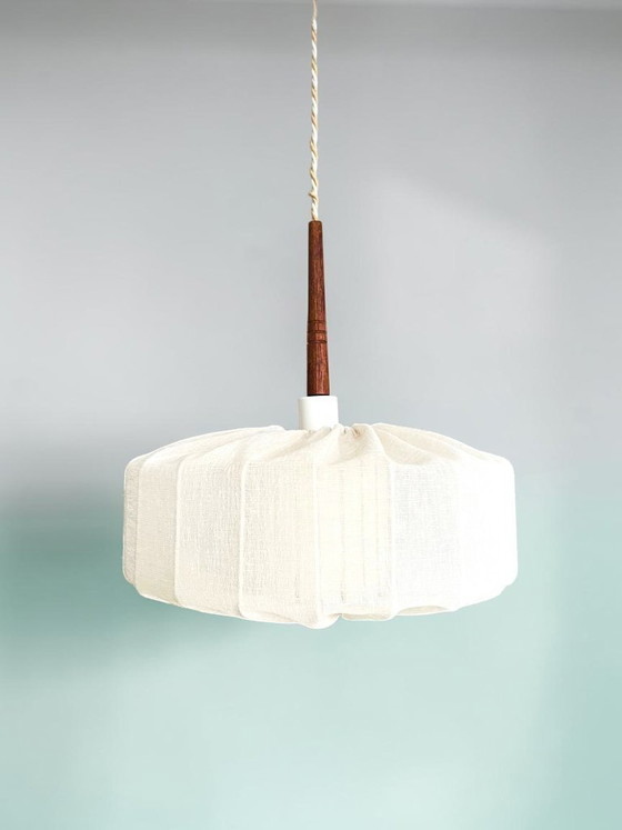 Image 1 of Japandi style wrapped fabric and teak wood hanging lamp shade, Sweden 1950s-60s