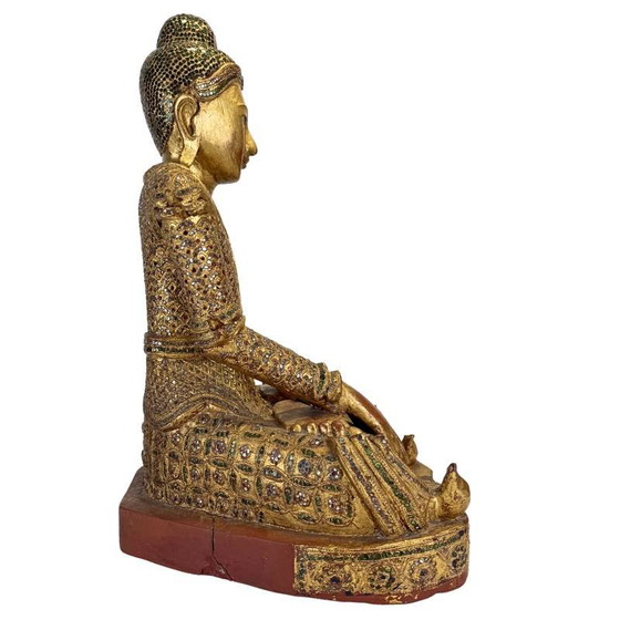 Antieke Birmese Jambupati Boeddha met glasinleg, 57 cm hoog. – Beeldhouwkunst, Wood (photo 4 of 16)