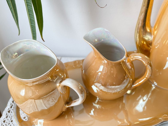 Image 1 of Service à Thé Vintage en Lustre Czecho-Slovaquia Victoria China Pêche Irisé 1950