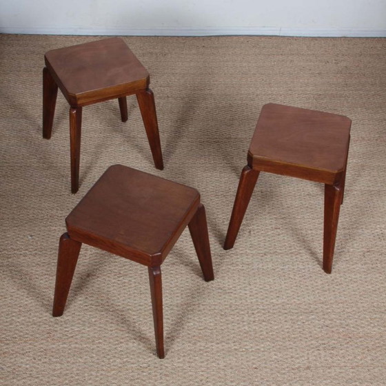Image 1 of Set of 3 oak stools from the 1950s