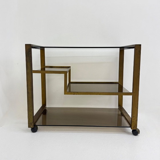 Image 1 of Barwagen aus Messing mit Rauchglas aus der Mitte des 20. Jahrhunderts, 1970er Jahre