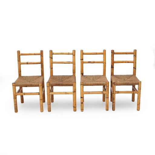 4 sedie in rattan e paglia intrecciata, anni &#39;60