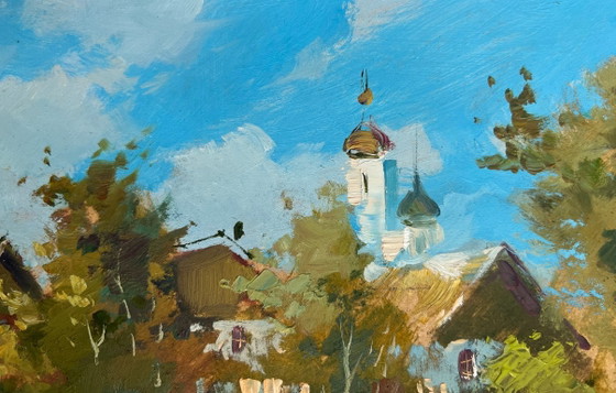 Image 1 of Dipinto ad olio originale: Paesaggio estivo di un villaggio. Veduta del villaggio e della chiesa.