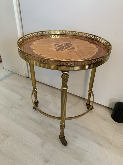 Hollywood Regency inlaid brass side table on casters, 1960s/70s – serveerwagens, Metal
