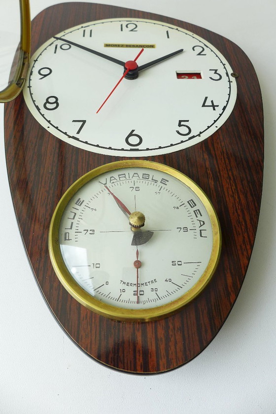 Vintage Wall Clock French Clock with Barometer 60s Retro Space Age Atomic, Morez-Besançon, Wood, Metal, Brown (photo 5 of 9)