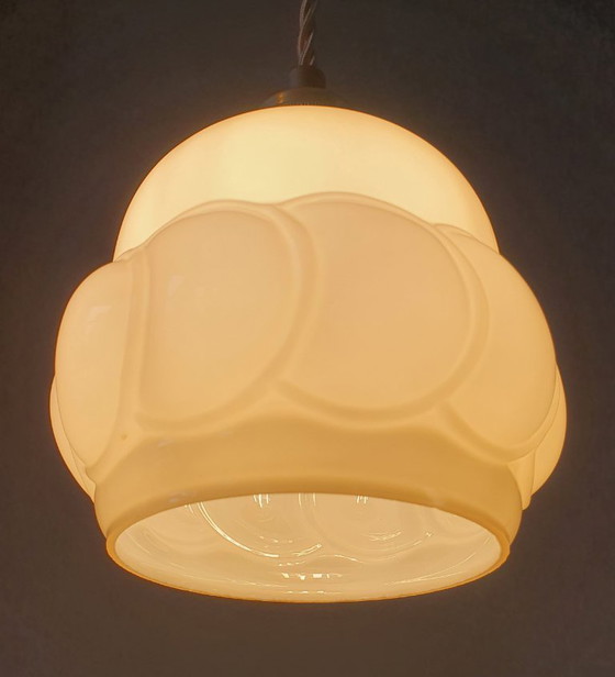 Image 1 of Vintage Hanglamp - Opaline Glas Met Bolpatroon - Gedraaid Textielsnoer