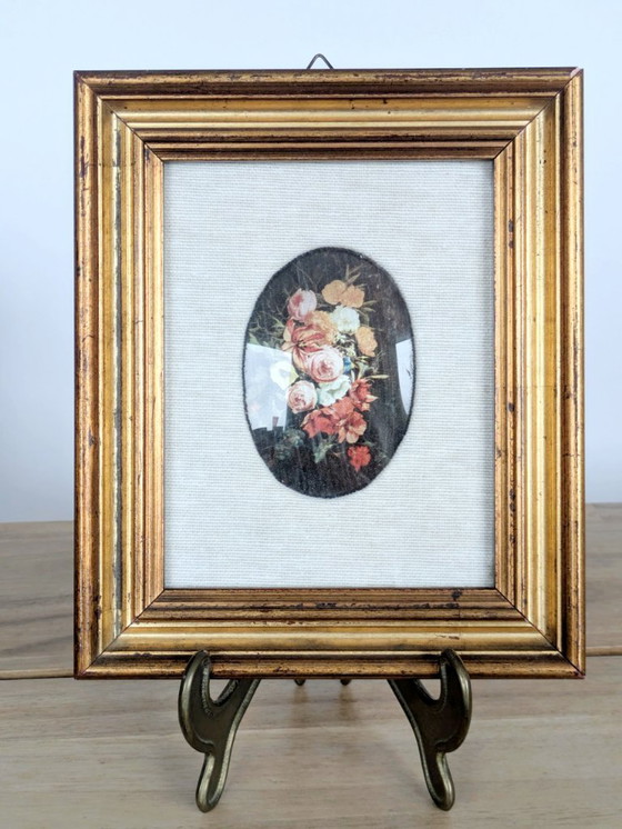 Image 1 of Vintage Floral Bouquet Print with Oval Linen Mat, Gilded Wood Frame, Foiled Shimmer Art