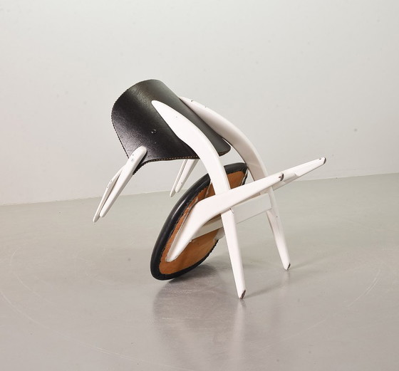 Image 1 of Louis van Teeffelen Dutch Design Pelican Arm Chair for Webe in Solid White Painted Teakwood and Black Leatherette. 