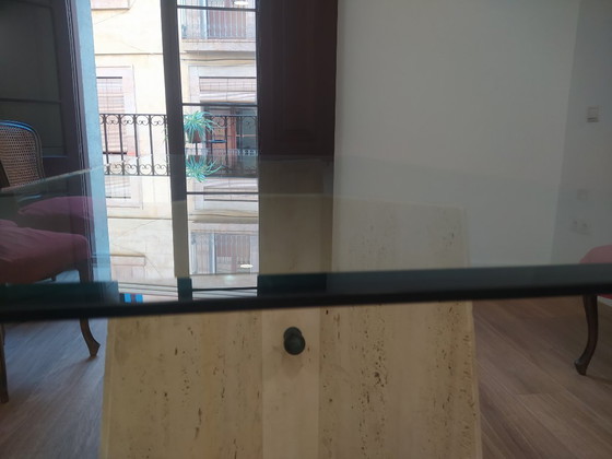 Image 1 of Elegant Glass and Travertine Table