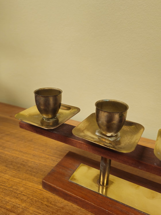 Image 1 of Vintage Teakhouten Kandelaar Kaarsenhouder Messing 