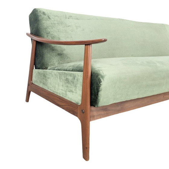Image 1 of Driezitsbank uit het midden van de vorige eeuw, vintage bank, retro teakhouten bank, opklapbaar bed