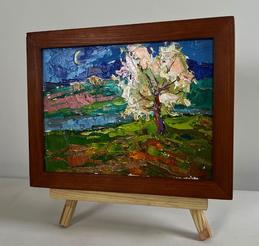 Original Oil Painting Spring Night Landscape Wild pear near the river