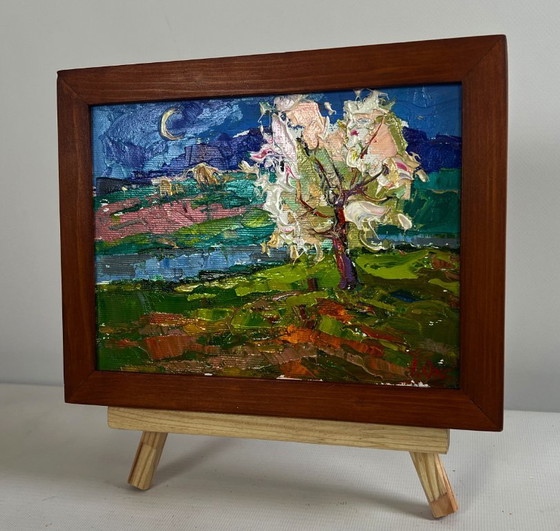 Image 1 of Original Oil Painting Spring Night Landscape Wild pear near the river