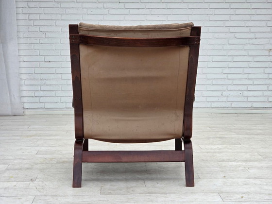 Image 1 of 1970s, Scandinavian lounge chair, nubuck leather, canvas, beech wood.