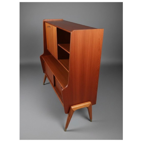 Image 1 of Teak-Highboard aus der Mitte des 20. Jahrhunderts von Oswald Vermaercke – Klappschrank mit originaler grüner Innenausstattung