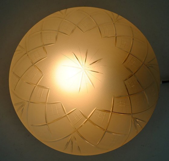 Image 1 of small CEILING FIXTURE or sconce 70s etched glass geometric pattern
