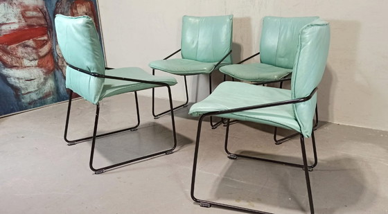 Image 1 of 4 x vintage Italiaanse leren eetkamerstoelen