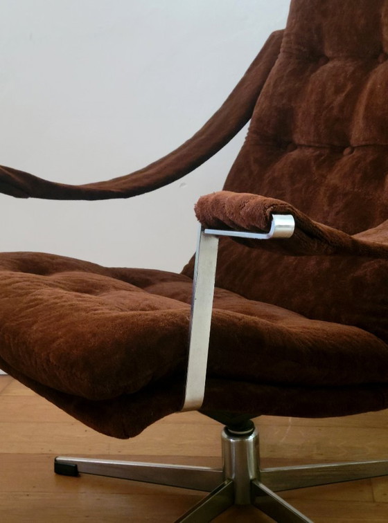 Poltrona girevole Geoffrey Harcourt con pouf per Artifort, Poltrone, Cromo, Argentato, Vintage (foto 7 di 10)
